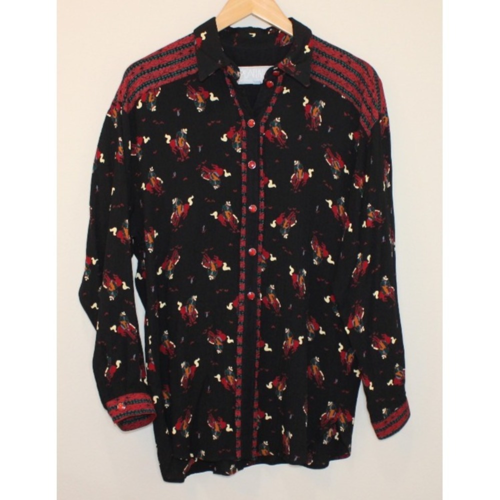 women's Platinum by Dorothy Schoelen blouse Medium Rayon cowboy bucking bronco